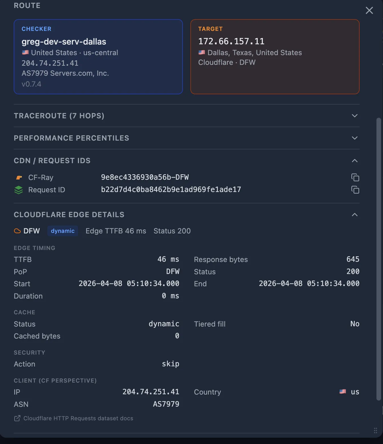 Probe detail showing CDN/Request IDs (CF-Ray, Request ID), Cloudflare Edge Details with edge timing (TTFB 46 ms, PoP DFW), cache status, security action, and client perspective